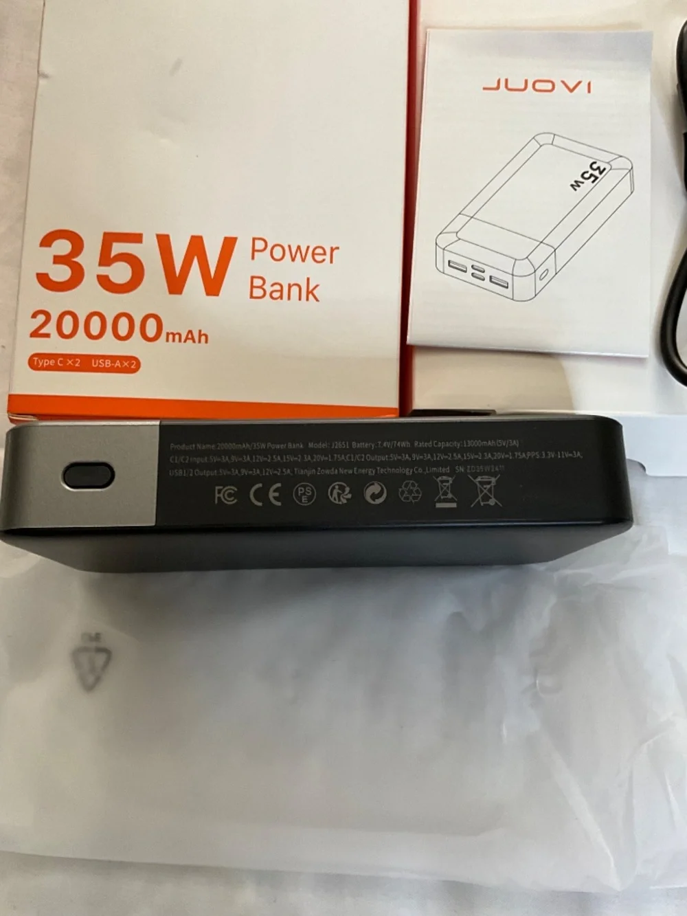 JUOVI Power Bank 20000mAh 35W Charging Portable External External Battery Black